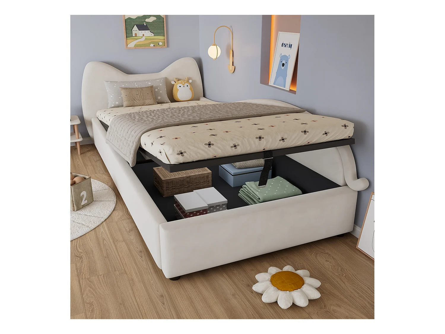 Kinderbed 90x200 cm, kattenvormig hoofdeinde, bed met hydraulische opbergruimte, hoge zachte barrière (205x93,5x92 cm)