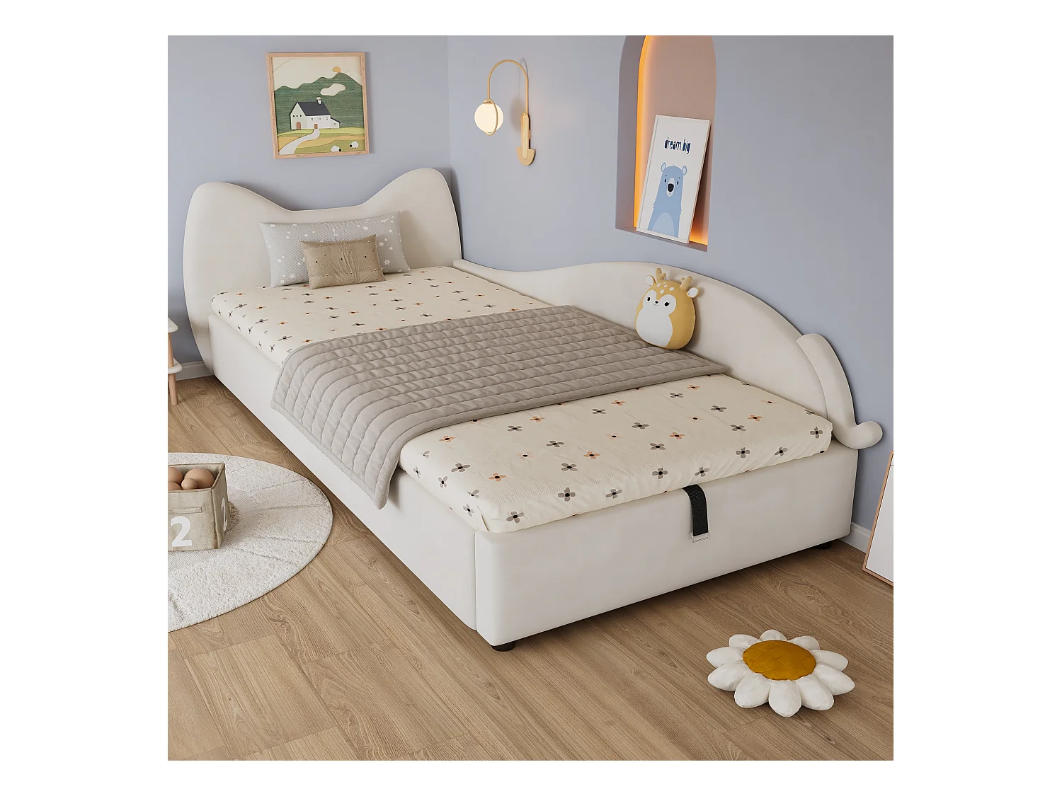 Kinderbed 90x200 cm, kattenvormig hoofdeinde, bed met hydraulische opbergruimte, hoge zachte barrière (205x93,5x92 cm)