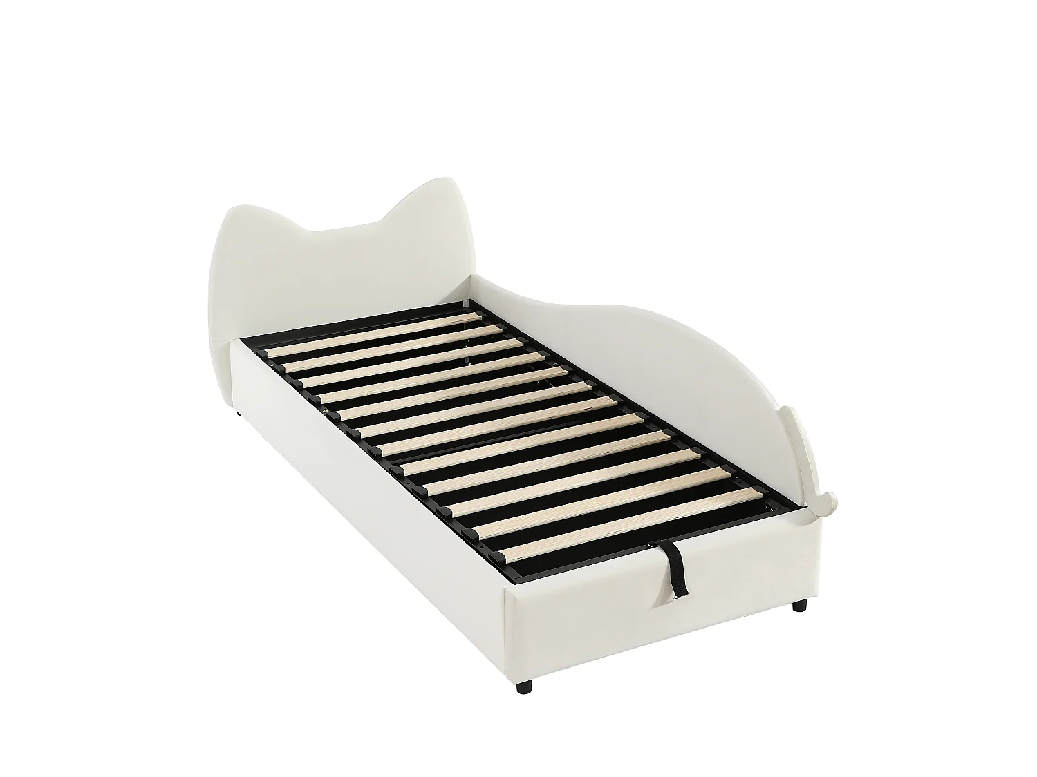 Kinderbed 90x200 cm, kattenvormig hoofdeinde, bed met hydraulische opbergruimte, hoge zachte barrière (205x93,5x92 cm)