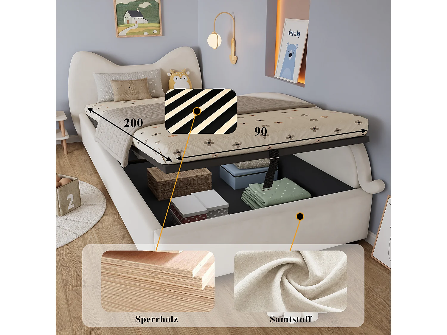 Lit pour enfant 90x200 cm, design tête de lit en forme de chat, lit avec rangement hydraulique, barrière douce élevée (205x93.5x92 cm)