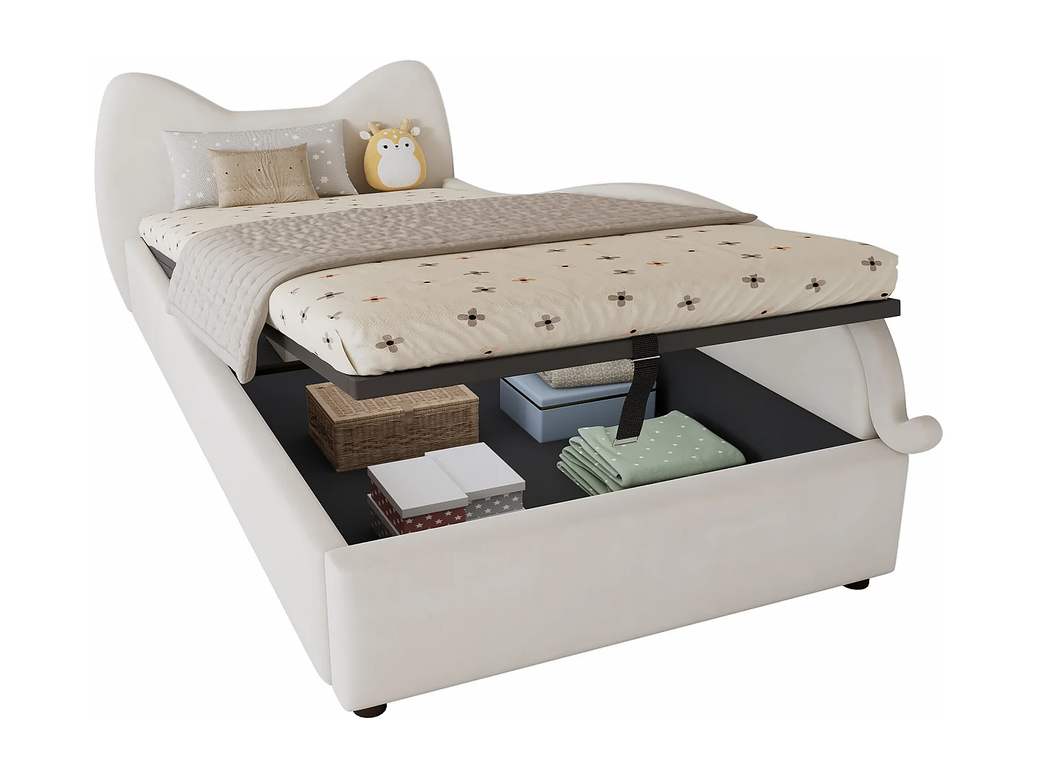 Lit pour enfant 90x200 cm, design tête de lit en forme de chat, lit avec rangement hydraulique, barrière douce élevée (205x93.5x92 cm)