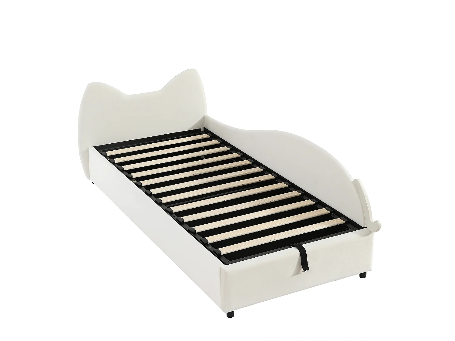 Lit pour enfant 90x200 cm, design tête de lit en forme de chat, lit avec rangement hydraulique, barrière douce élevée (205x93.5x92 cm)