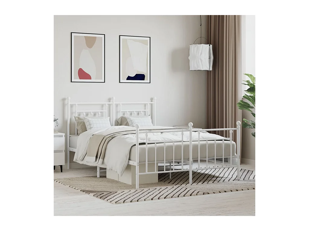 Cadre de lit métal sans matelas et pied de lit blanc 140x200 cm