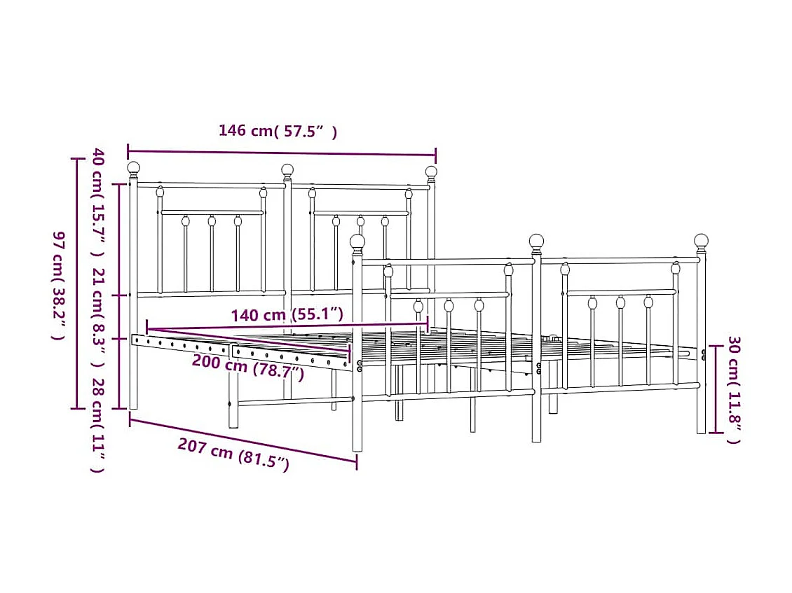 Cadre de lit métal sans matelas et pied de lit blanc 140x200 cm