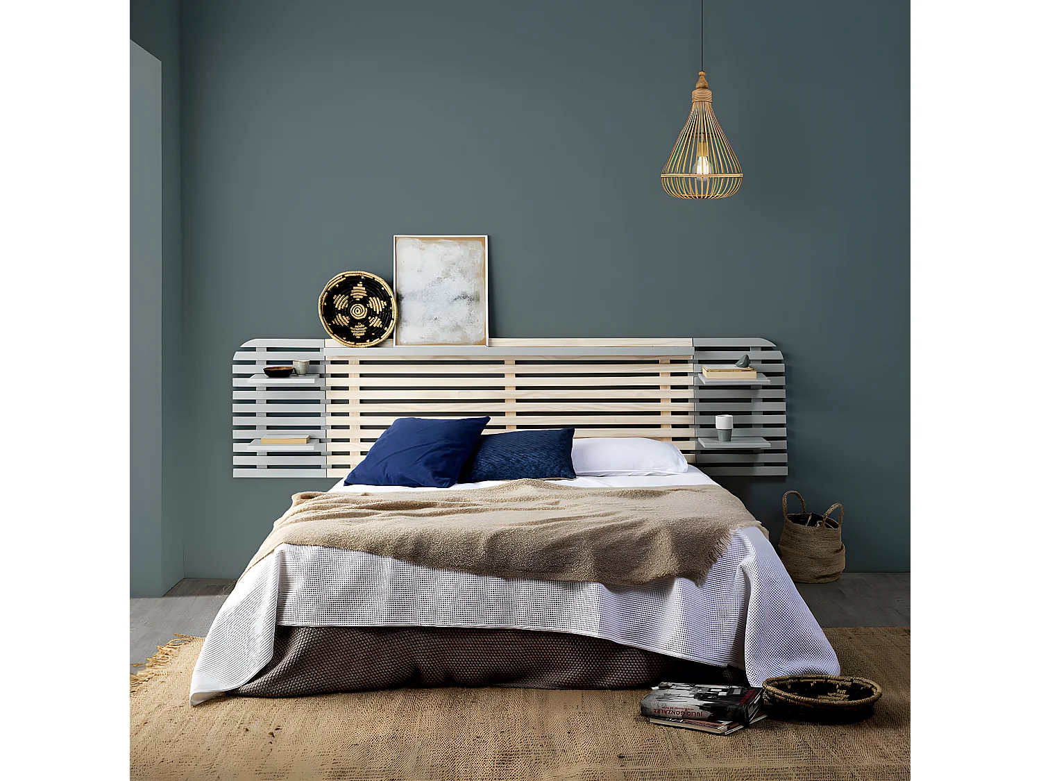 ALIX - Tête de Lit L.240cm Bois Massif Naturel et Gris