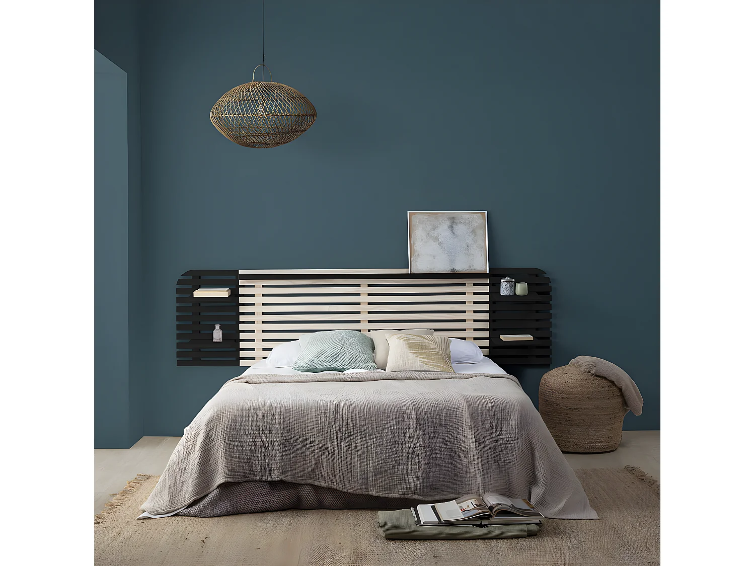 ALIX - Tête de Lit L.240cm Bois Massif Naturel et Noir