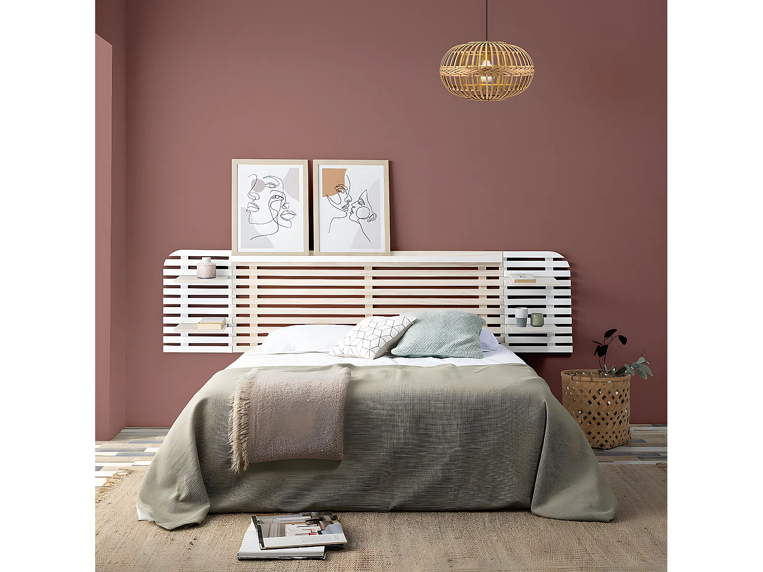 ALIX - Tête de Lit L.240cm Bois Massif Naturel et Blanc