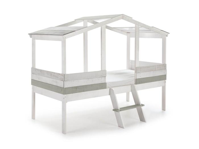 OSCAR - Lit Cabane 90x190 Cm Bois Blanc, Gris Et Vert