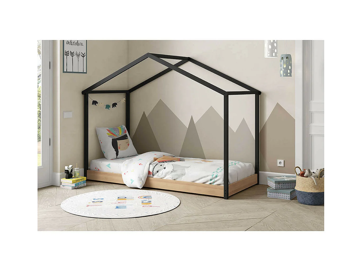 UTHER - Lit Cabane 90x200cm Gris Anthracite et Naturel