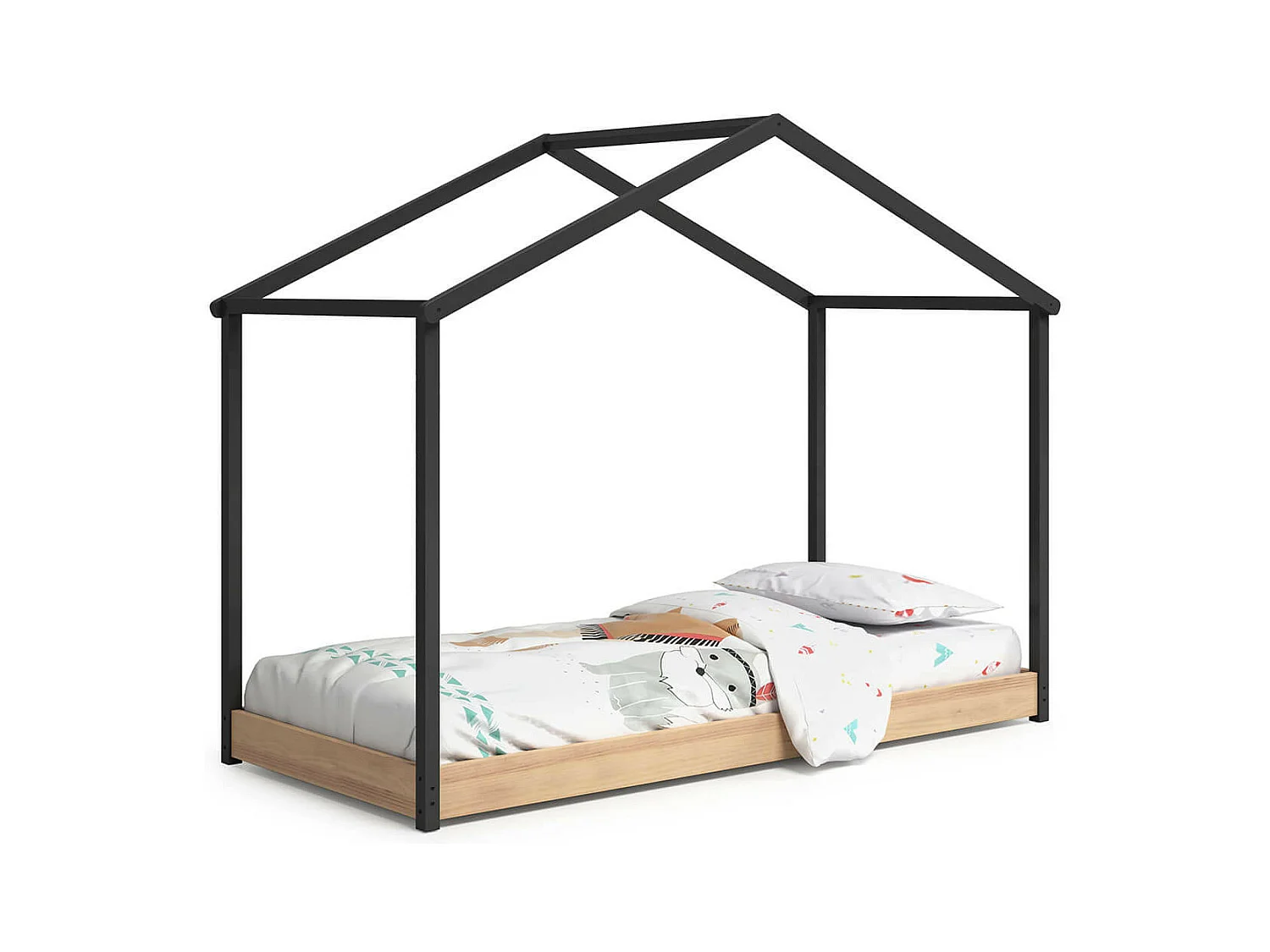 UTHER - Lit Cabane 90x200cm Gris Anthracite et Naturel