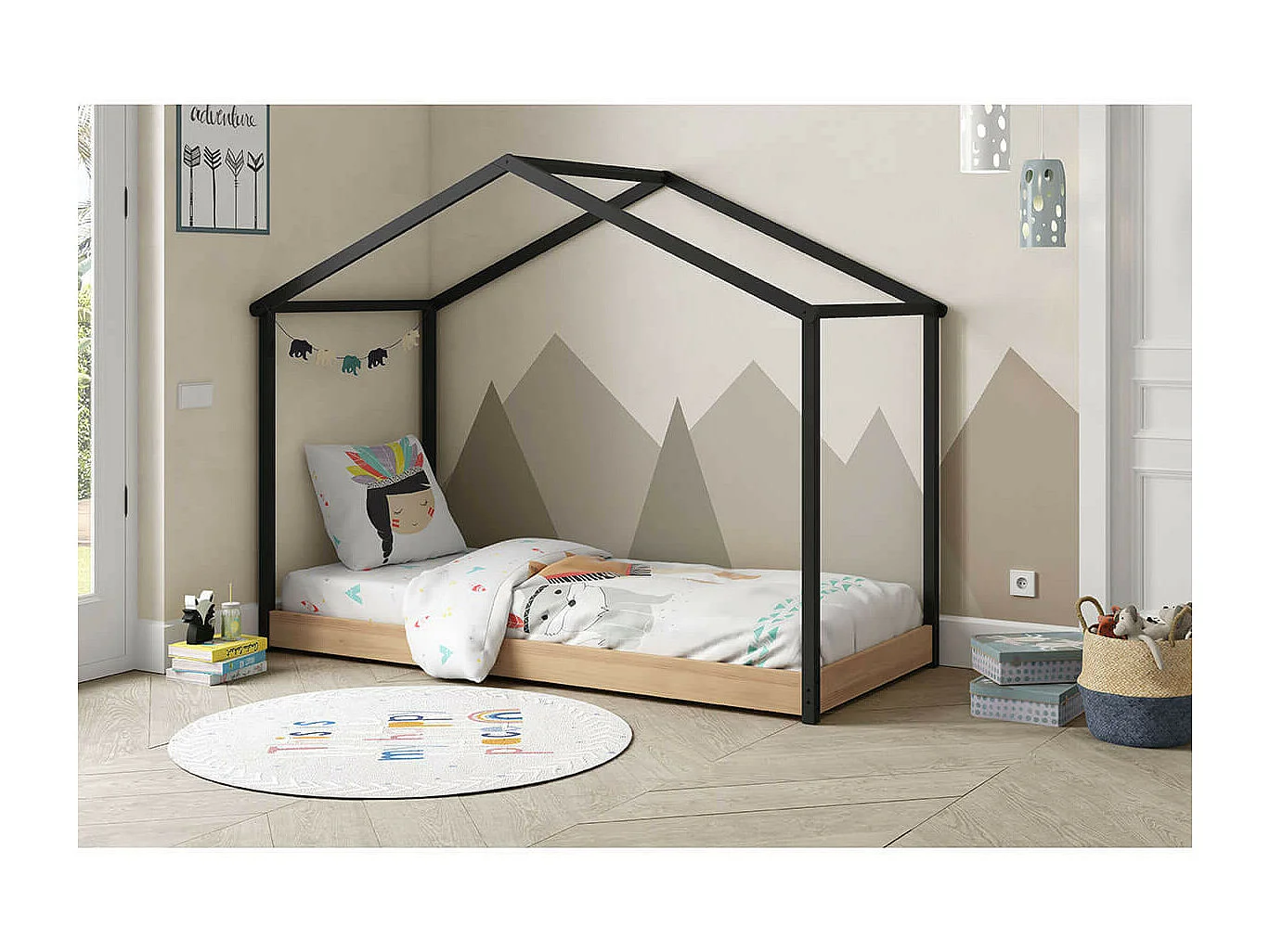 UTHER - Lit Cabane 90x200cm Gris Anthracite et Naturel