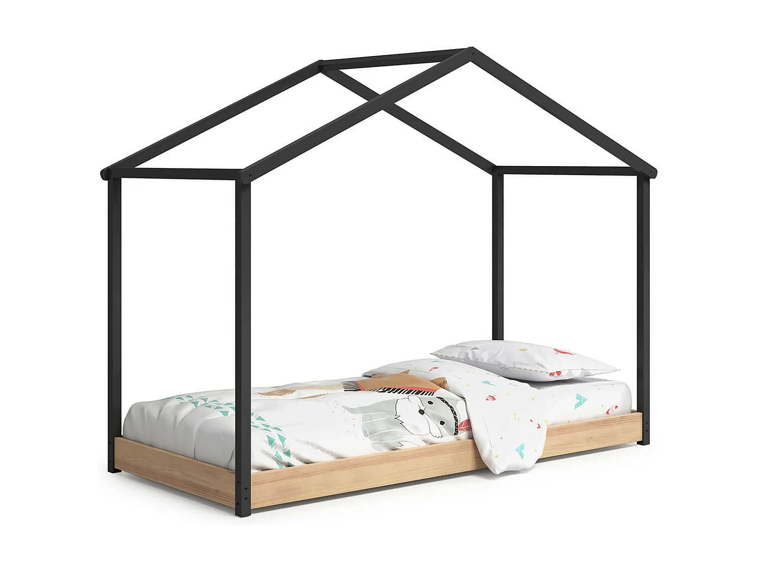 UTHER - Lit Cabane 90x200cm Gris Anthracite et Naturel