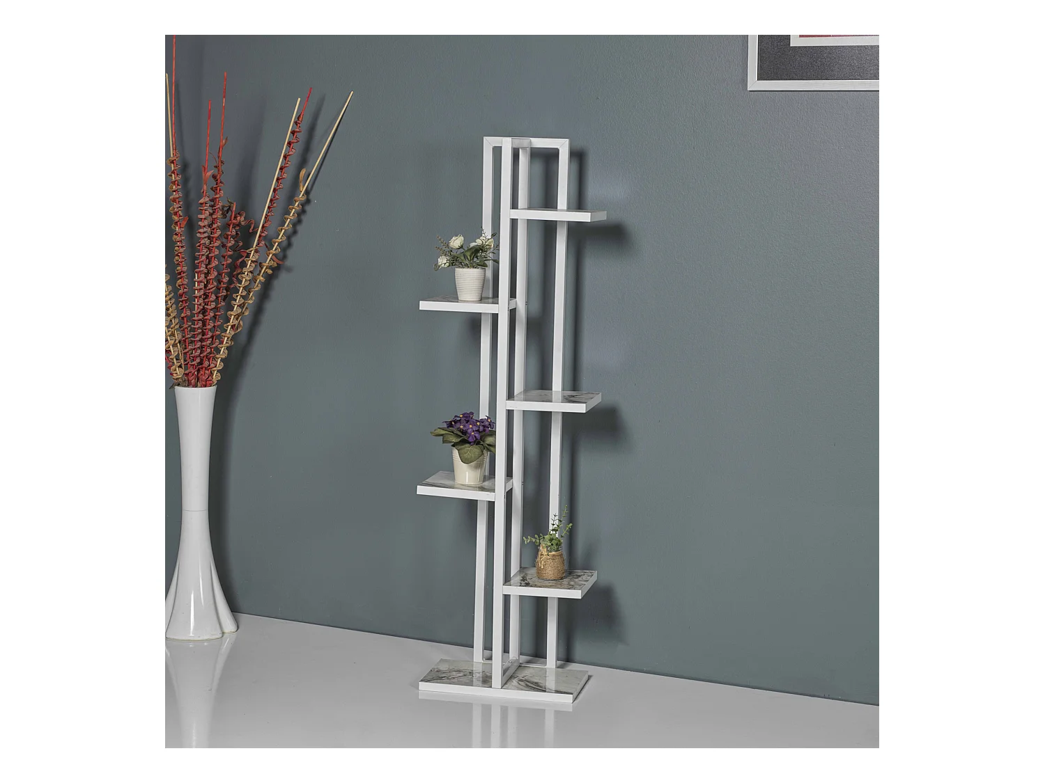 Support de plantes Tohmajärvi à 5 niveaux 120 x 34 x 21 cm marbre blanc / blanc [en.casa]