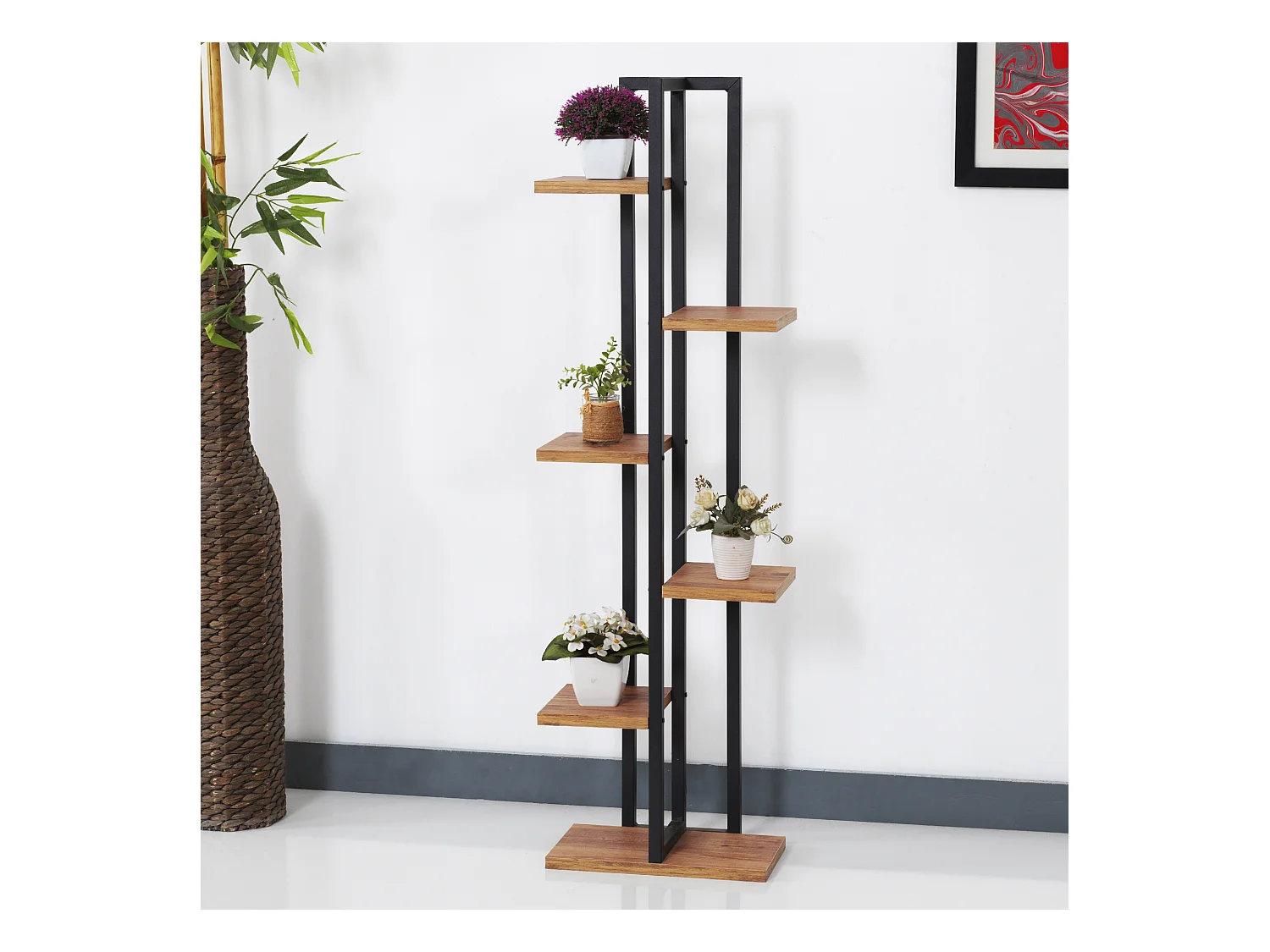 Support de plantes Tohmajärvi à 5 niveaux 120 x 34 x 21 cm effet noyer / noir [en.casa]