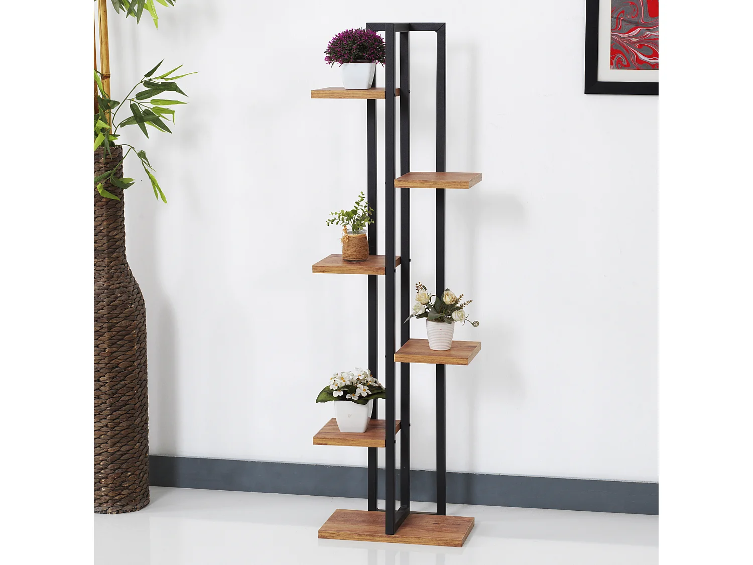 Support de plantes Tohmajärvi à 5 niveaux 120 x 34 x 21 cm effet noyer / noir [en.casa]