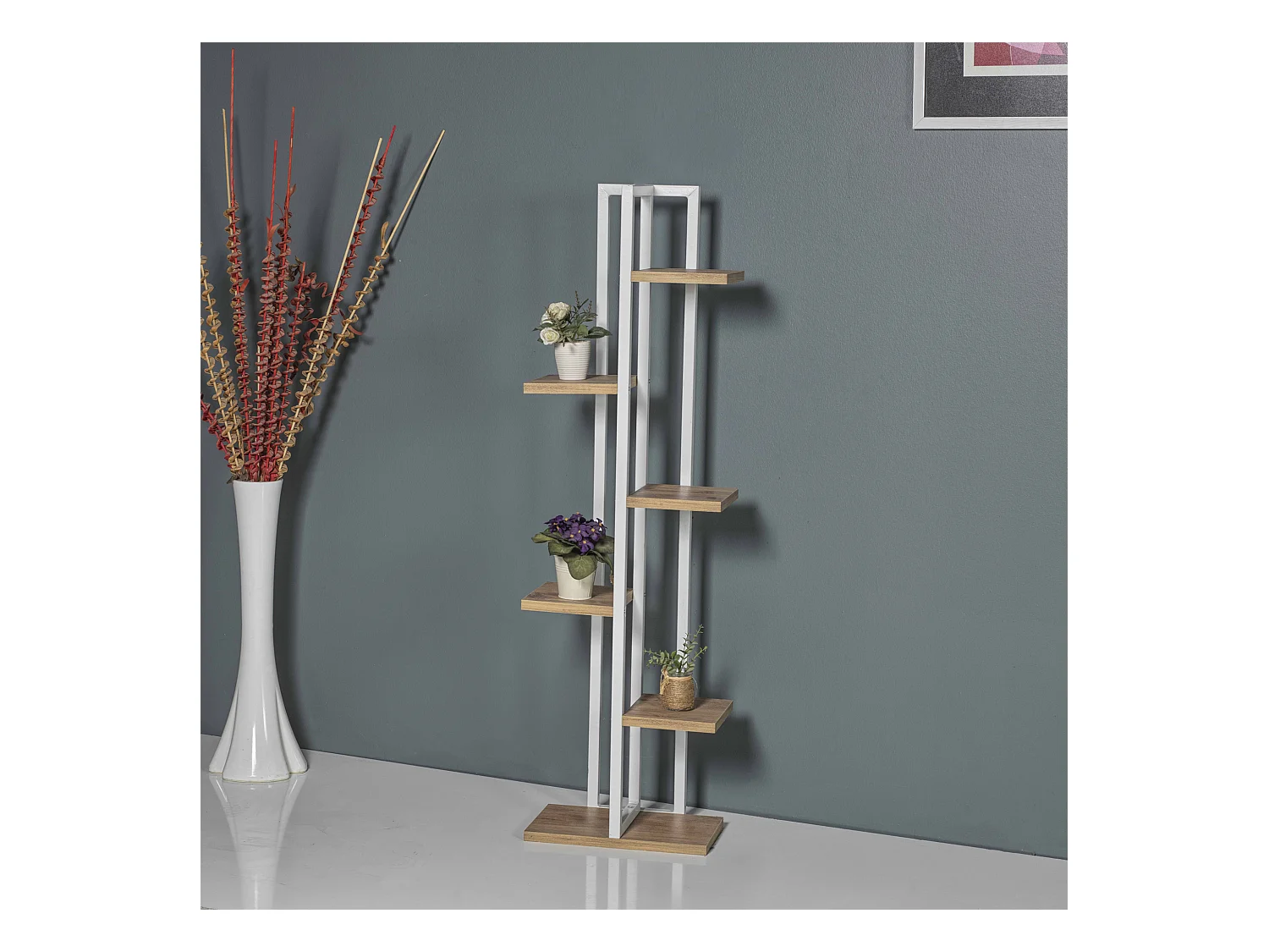 Support de plantes Tohmajärvi à 5 niveaux 120 x 34 x 21 cm effet noyer / blanc [en.casa]