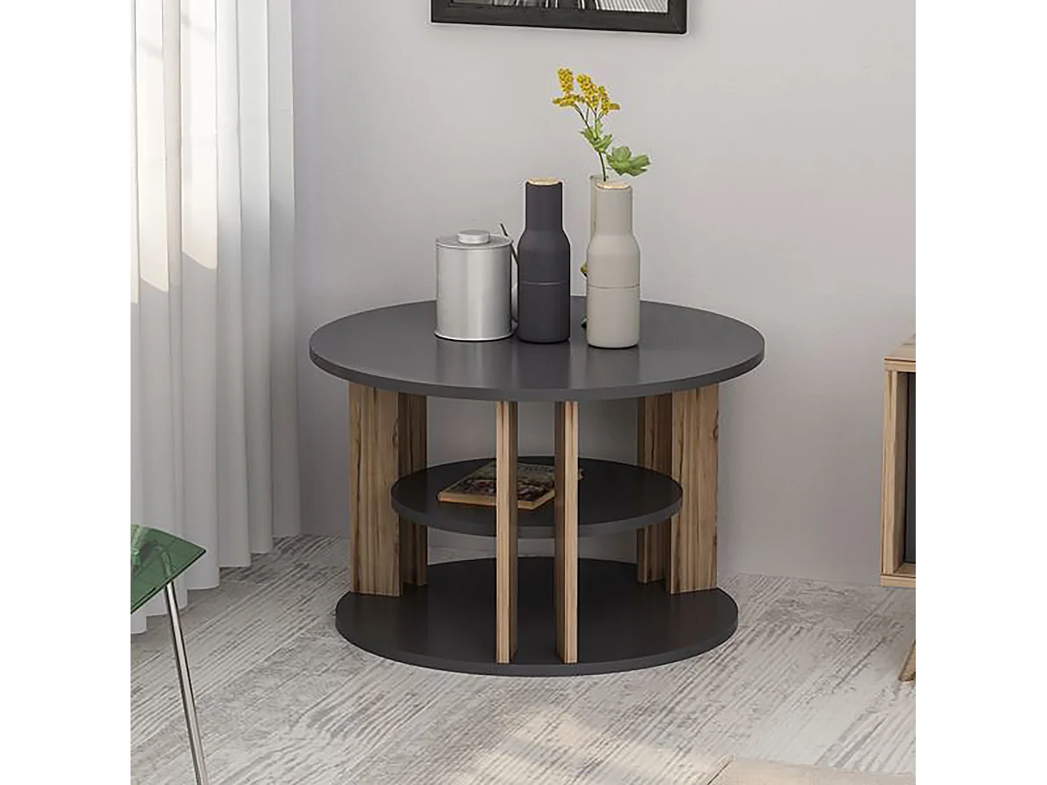 Table basse ronde Hammel avec espace de rangement anthracite / effet chêne [en.casa]