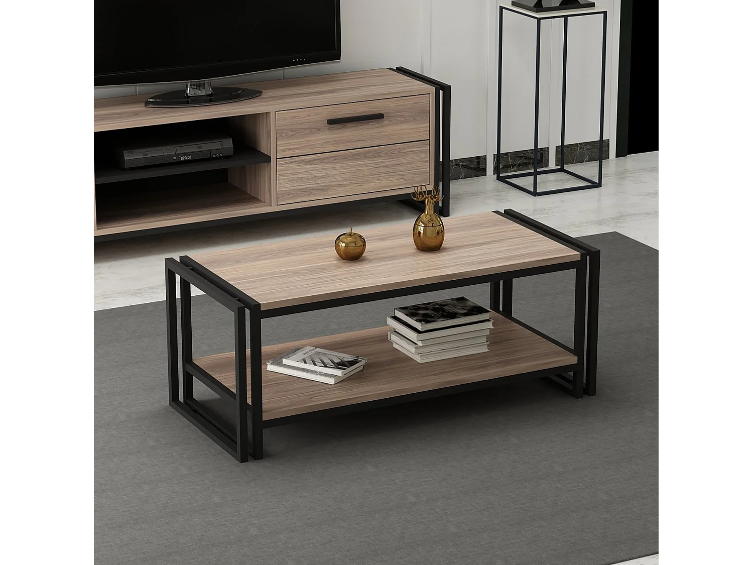 Table basse rectangulaire Græsted-Gilleleje avec espace de rangement effet chêne / noir [en.casa]