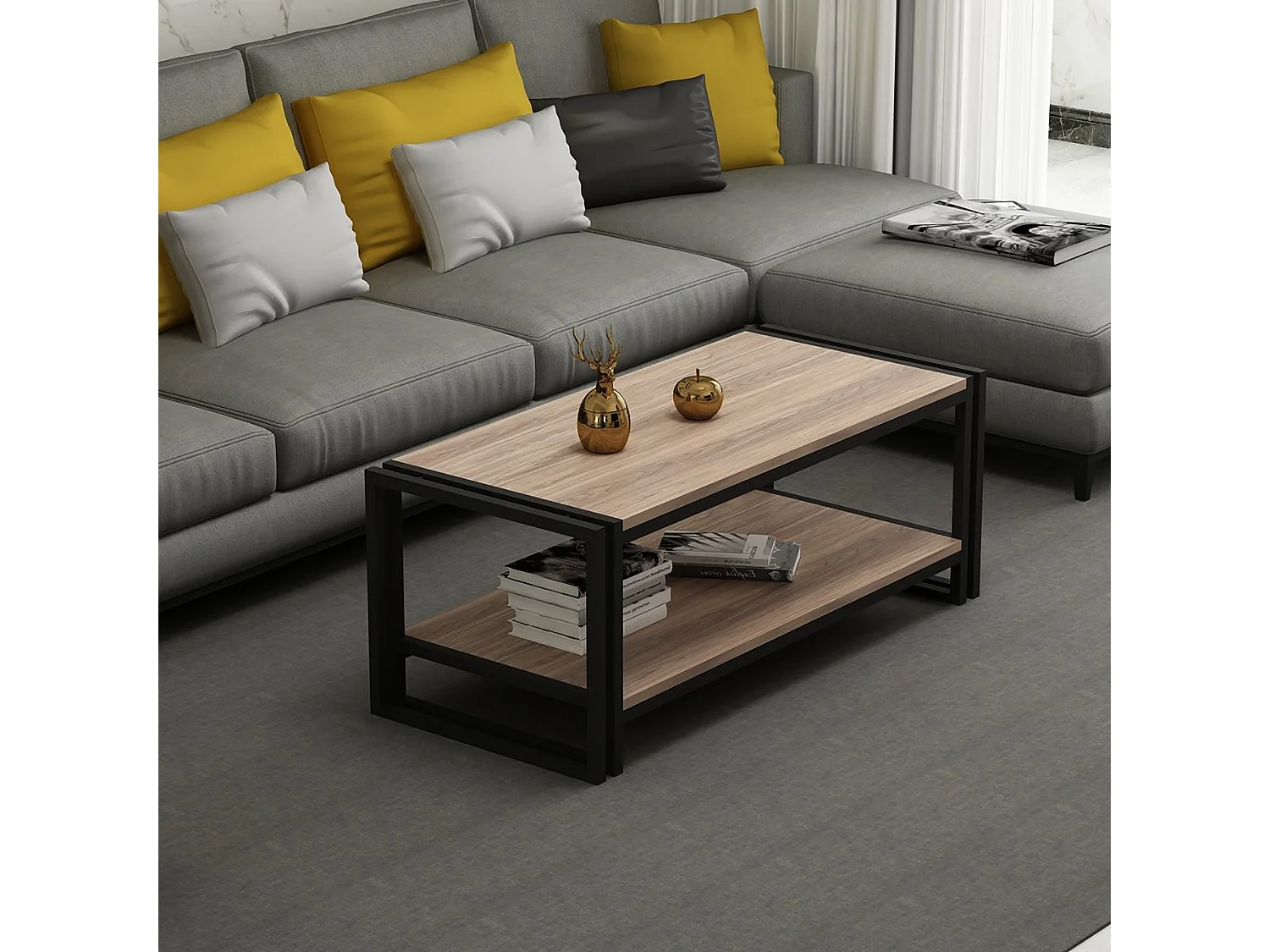 Table basse rectangulaire Græsted-Gilleleje avec espace de rangement effet chêne / noir [en.casa]