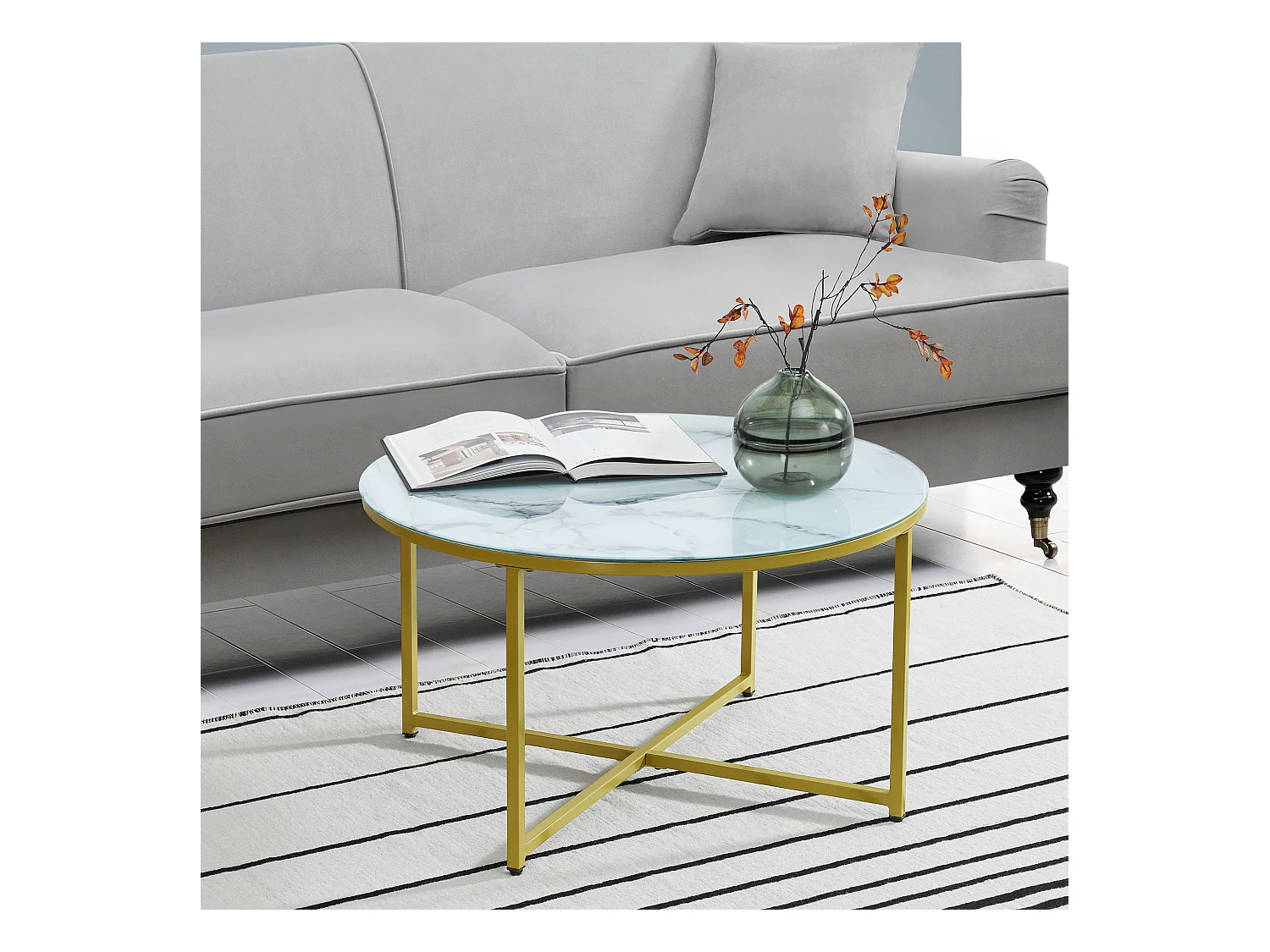 Table basse ronde Uppvidinge pour salon 45 x 80 cm marbre blanc / doré [en.casa]