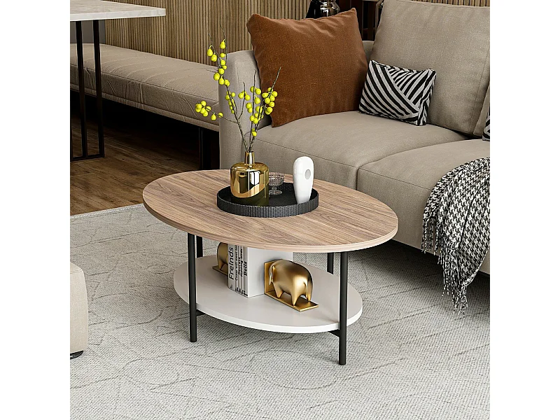 Table basse ovale Fredericia avec espace de rangement effet chêne / blanc [en.casa]