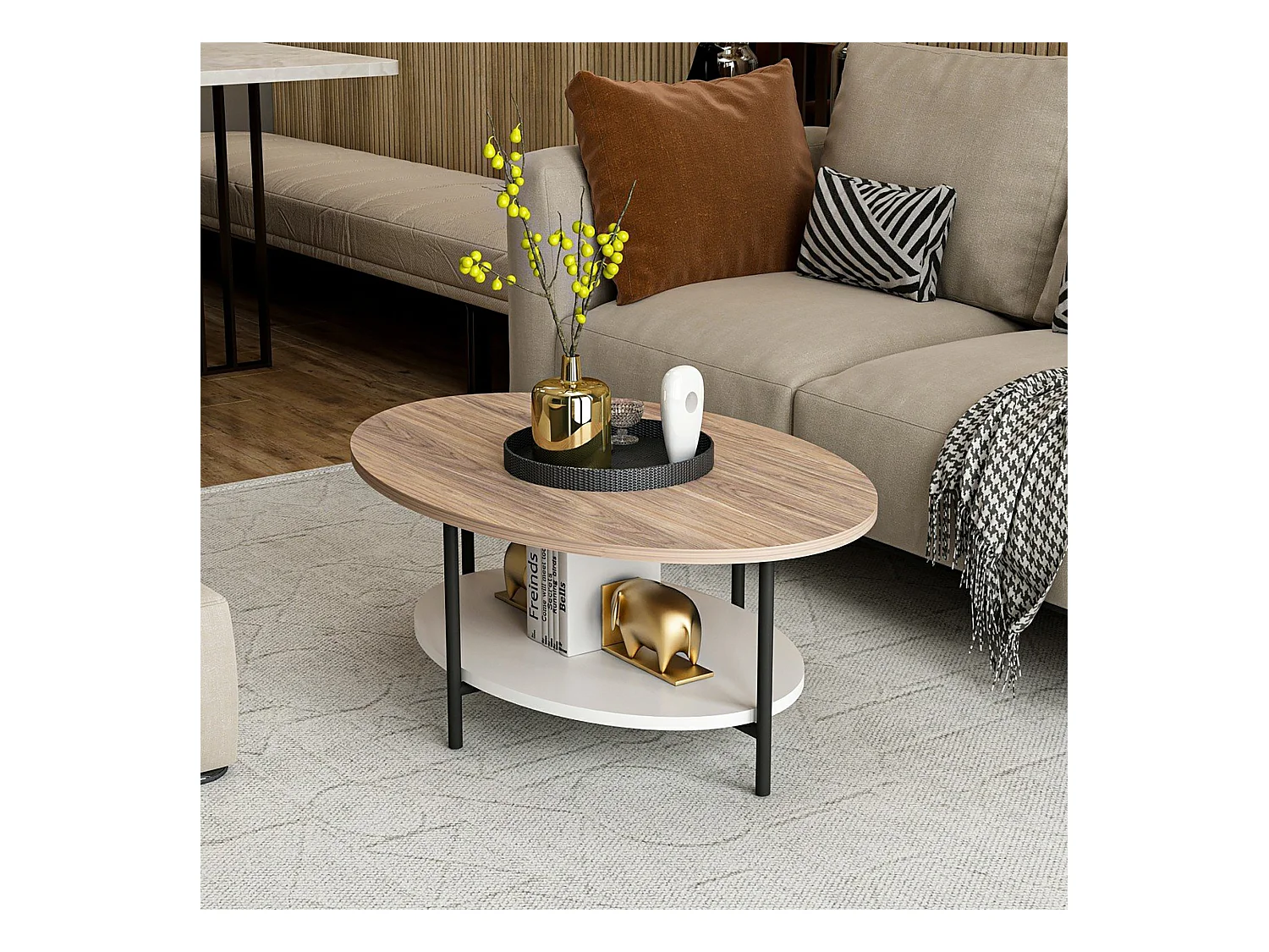 Table basse ovale Fredericia avec espace de rangement effet chêne / blanc [en.casa]