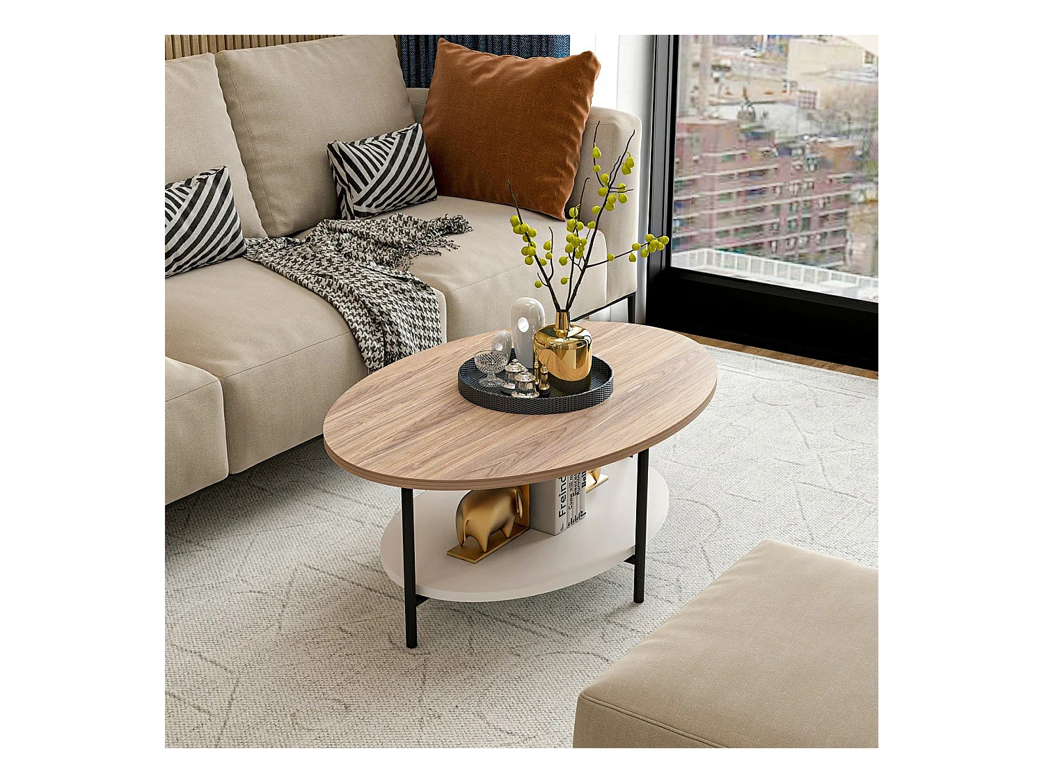 Table basse ovale Fredericia avec espace de rangement effet chêne / blanc [en.casa]