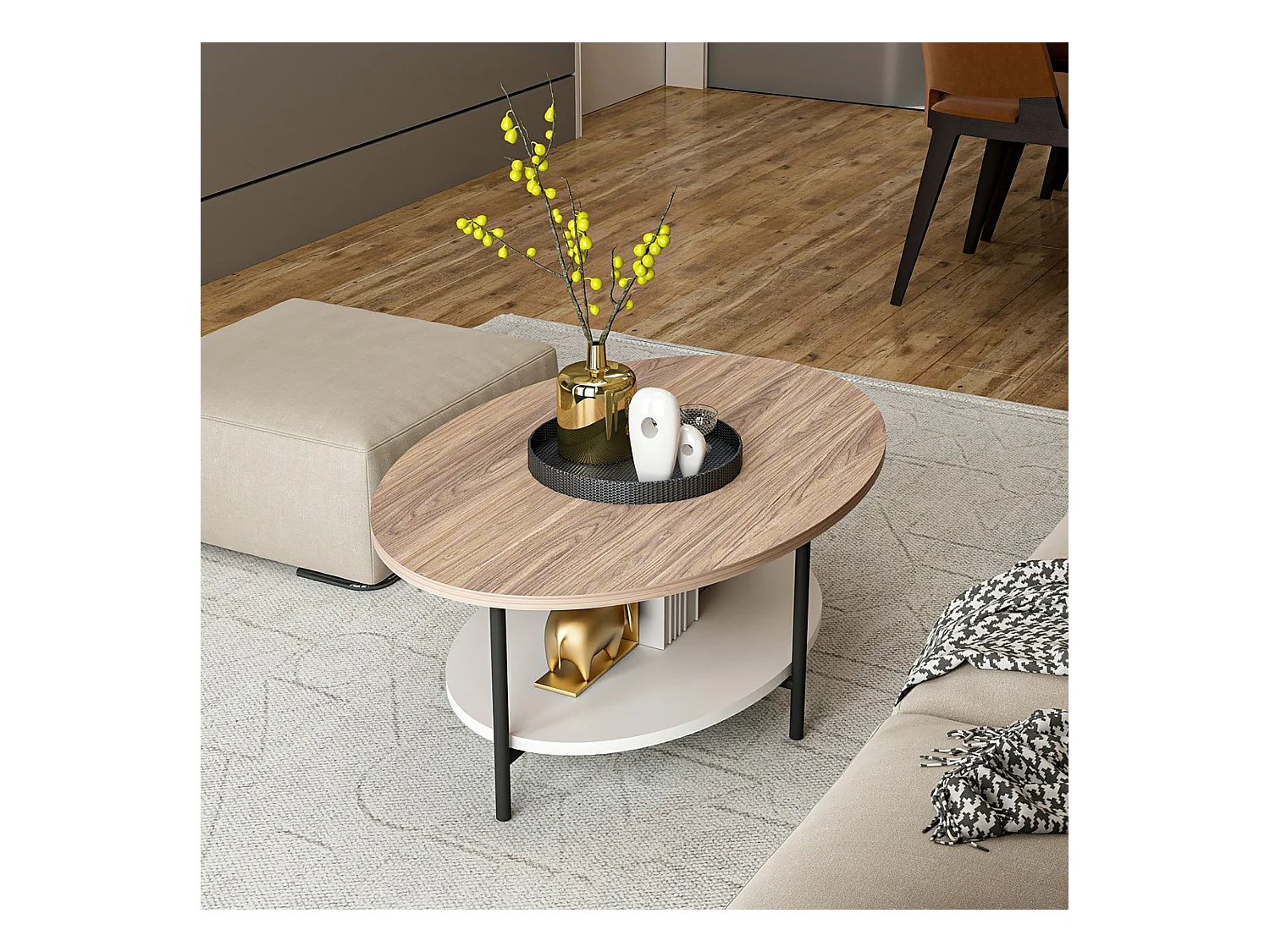 Table basse ovale Fredericia avec espace de rangement effet chêne / blanc [en.casa]