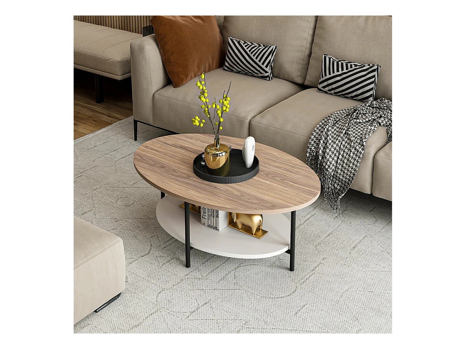 Table basse ovale Fredericia avec espace de rangement effet chêne / blanc [en.casa]