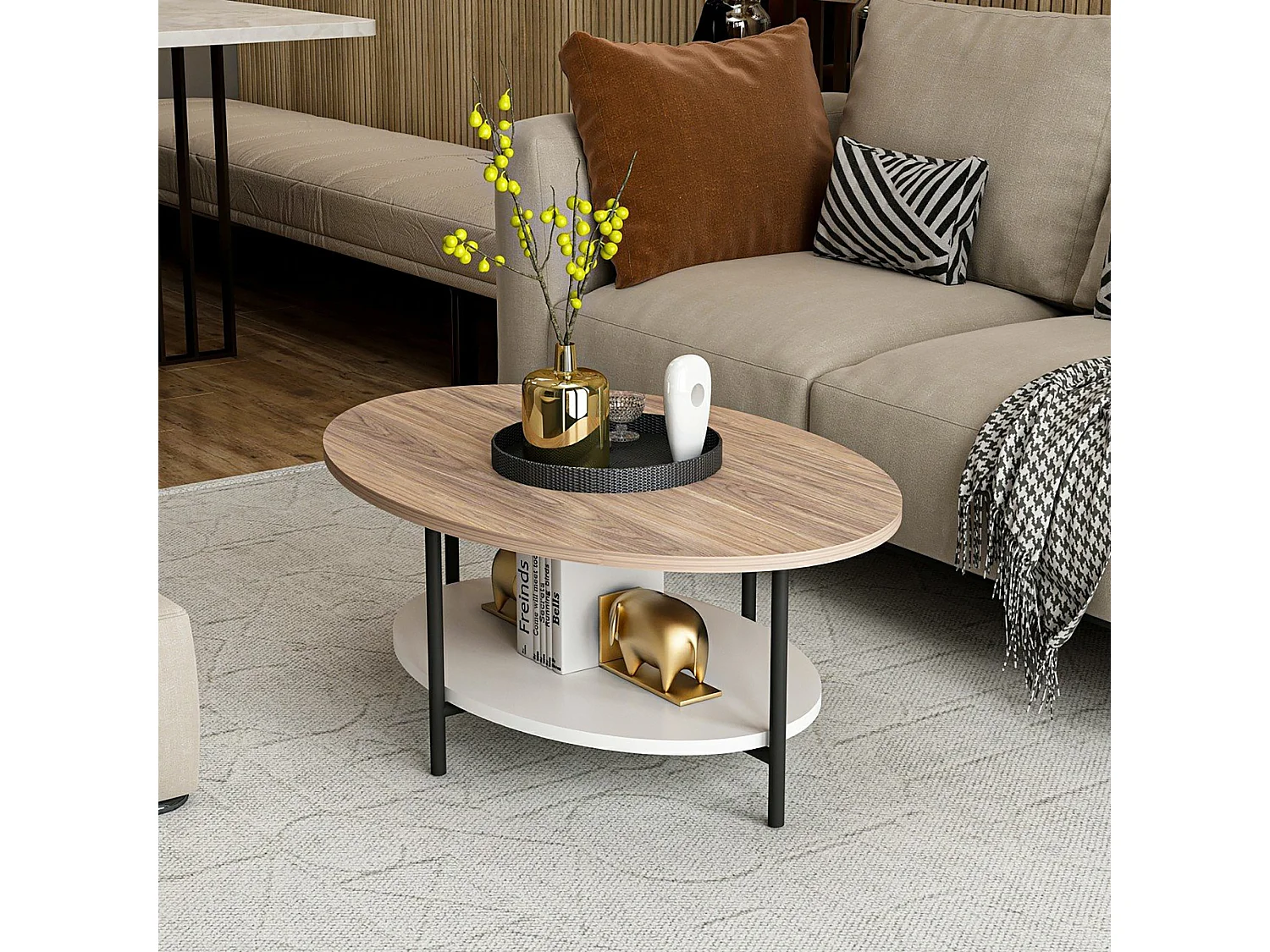 Table basse ovale Fredericia avec espace de rangement effet chêne / blanc [en.casa]