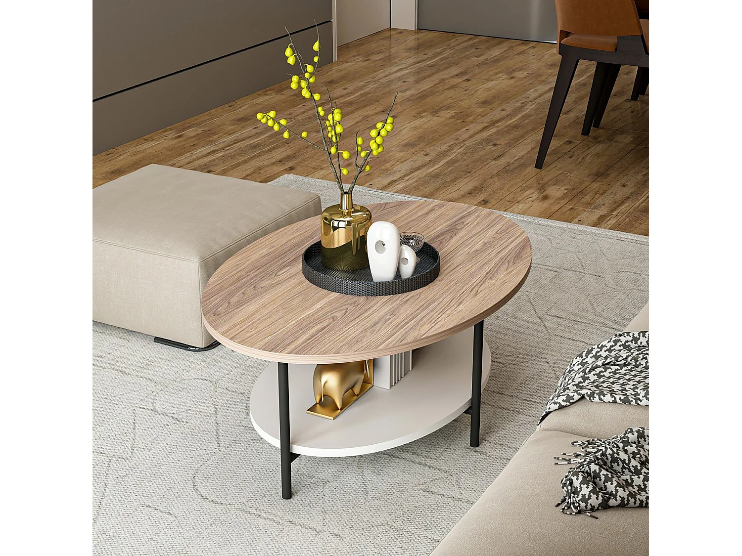 Table basse ovale Fredericia avec espace de rangement effet chêne / blanc [en.casa]