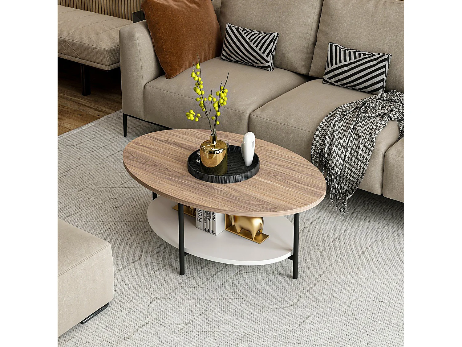 Table basse ovale Fredericia avec espace de rangement effet chêne / blanc [en.casa]