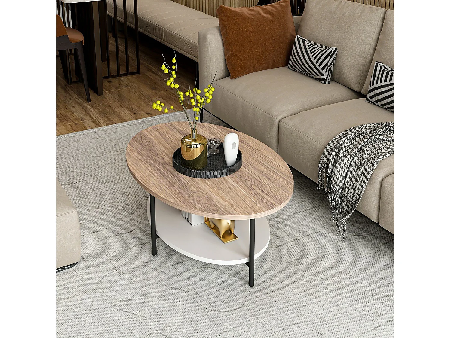 Table basse ovale Fredericia avec espace de rangement effet chêne / blanc [en.casa]