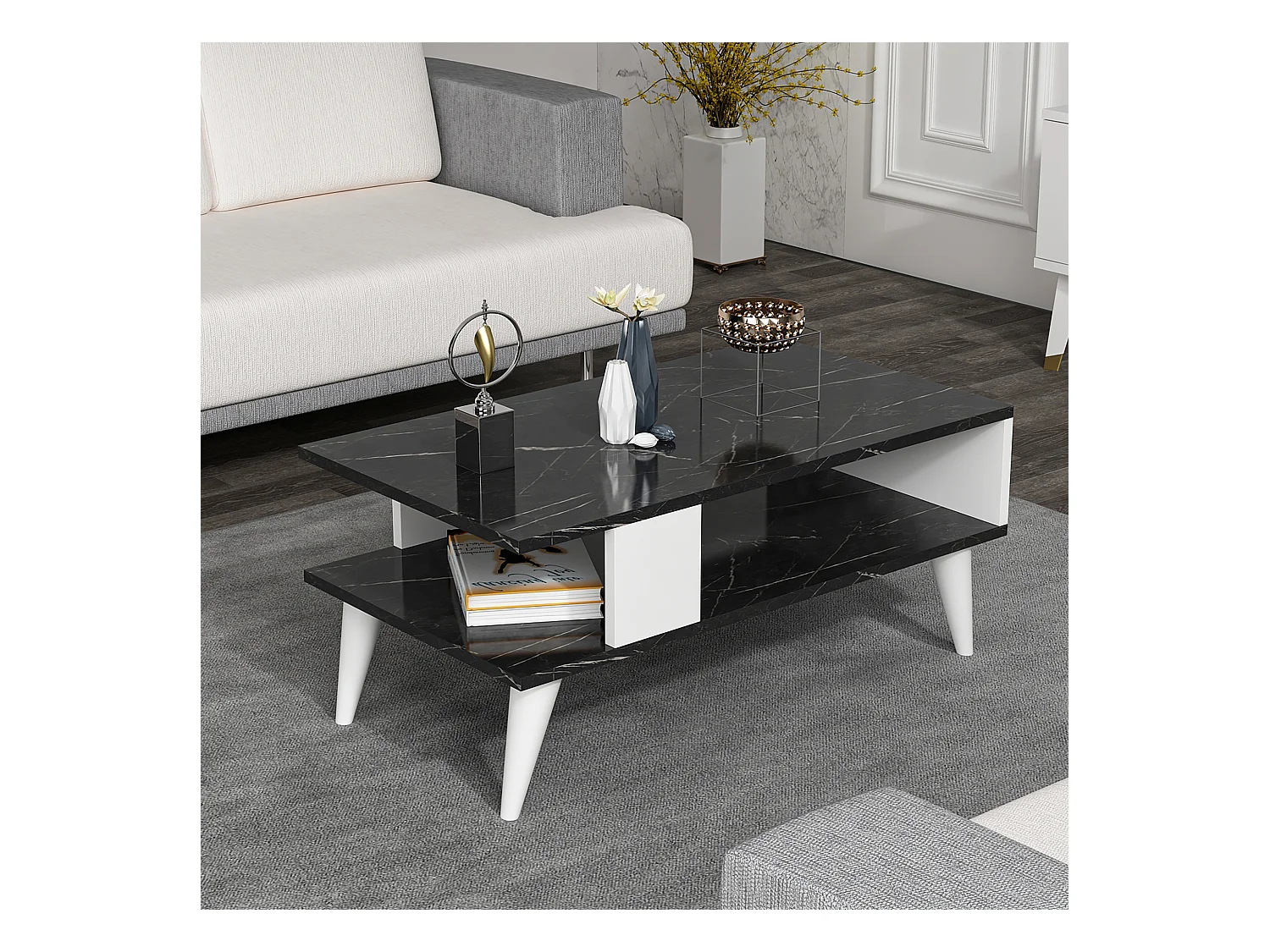 Table basse Lycksele avec espace de rangement 40 x 90 x 45 cm marbre noir / blanc [en.casa]