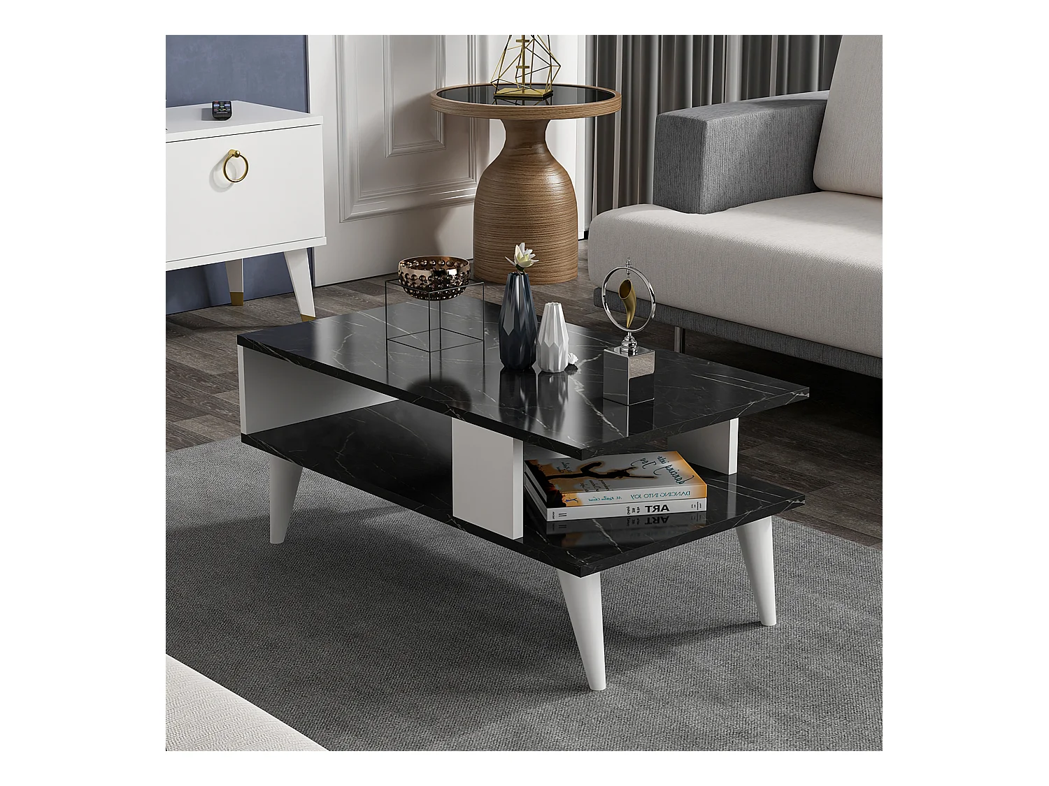 Table basse Lycksele avec espace de rangement 40 x 90 x 45 cm marbre noir / blanc [en.casa]