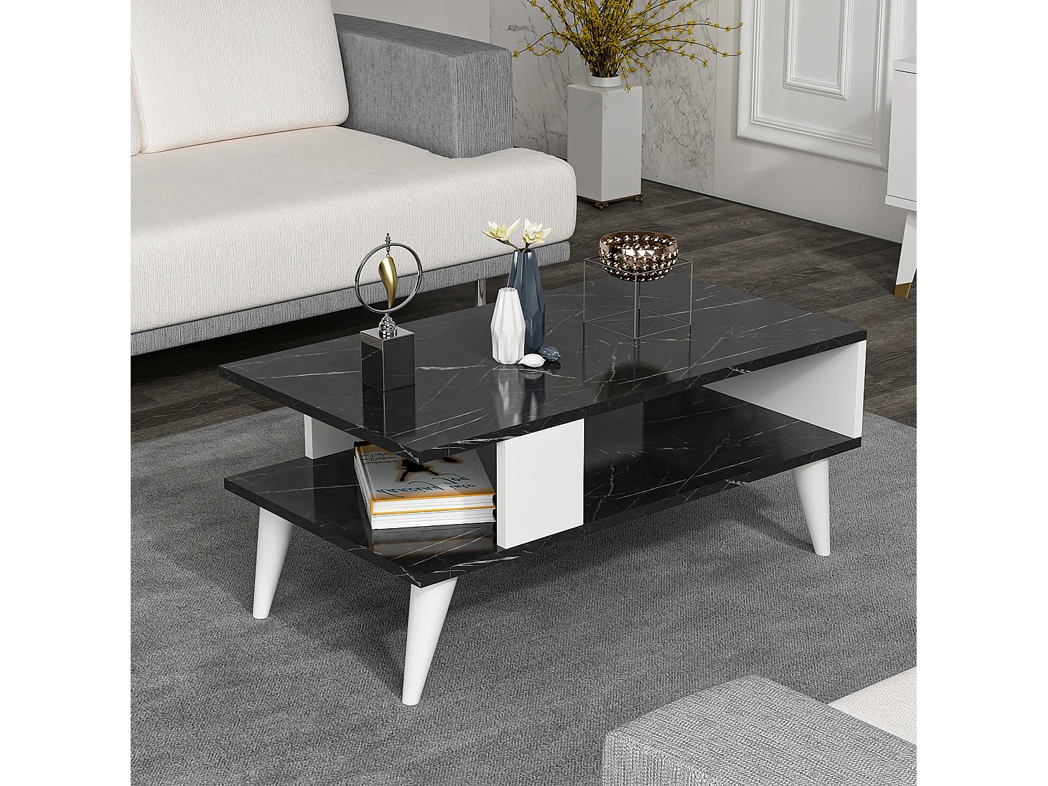 Table basse Lycksele avec espace de rangement 40 x 90 x 45 cm marbre noir / blanc [en.casa]