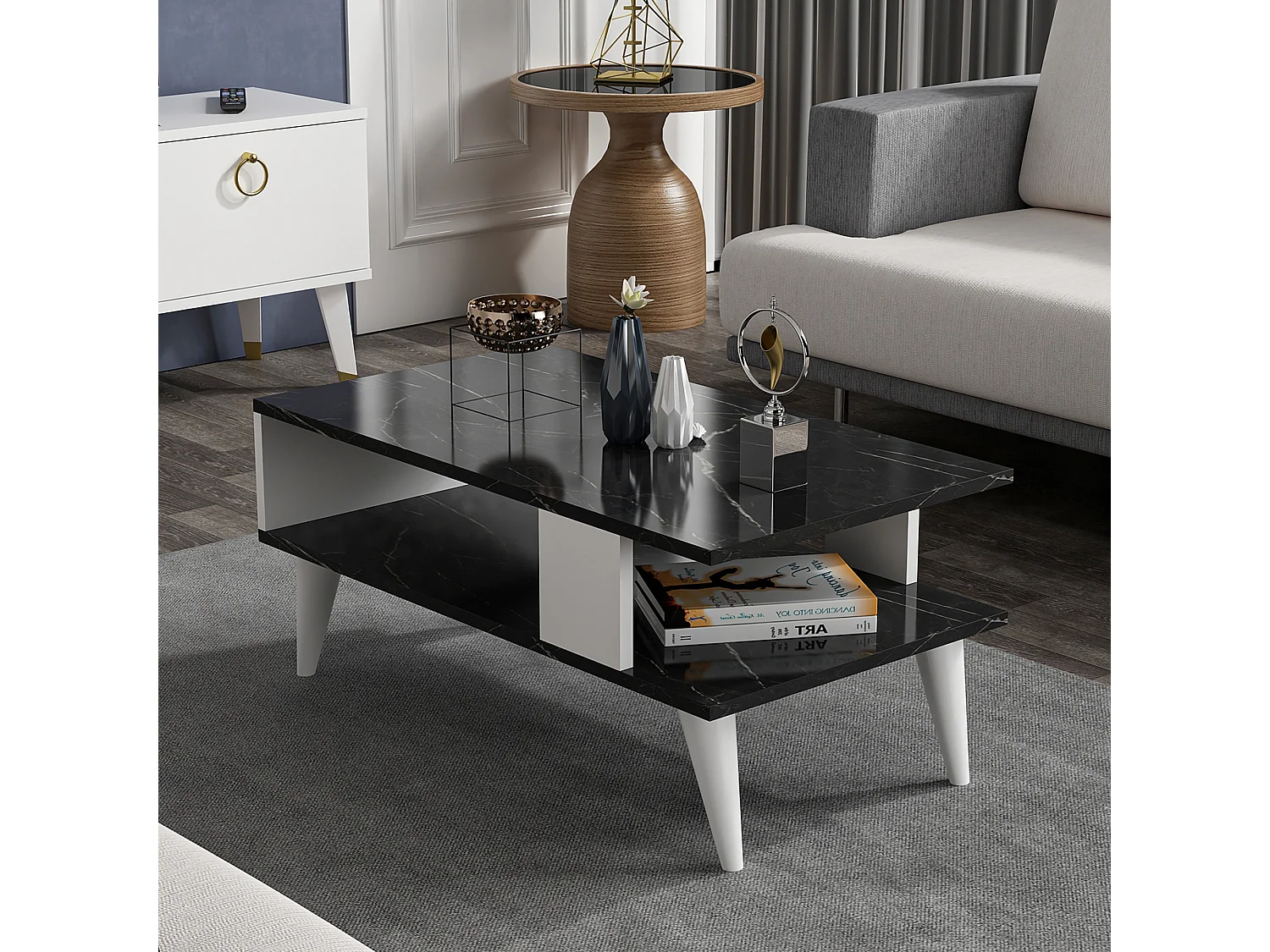 Table basse Lycksele avec espace de rangement 40 x 90 x 45 cm marbre noir / blanc [en.casa]