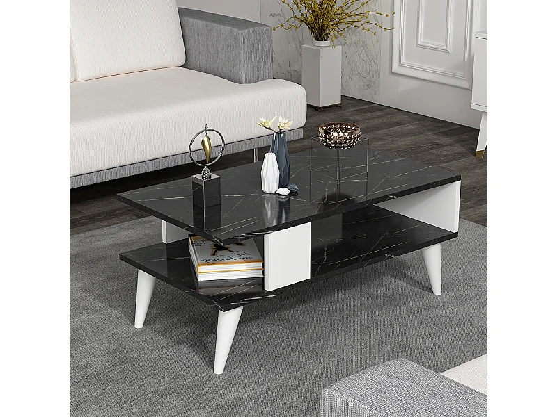 Table basse Lycksele avec espace de rangement 40 x 90 x 45 cm marbre noir / blanc [en.casa]