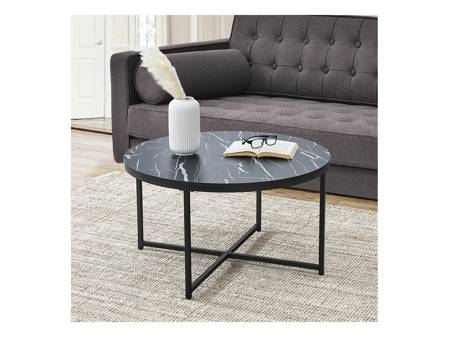 Table basse ronde Uppvidinge pour salon 45 x 80 cm marbre noir / noir [en.casa]