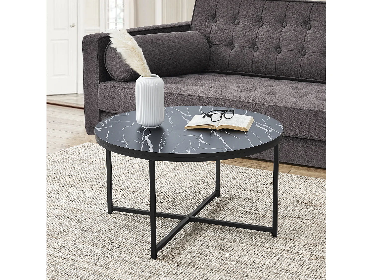 Table basse ronde Uppvidinge pour salon 45 x 80 cm marbre noir / noir [en.casa]