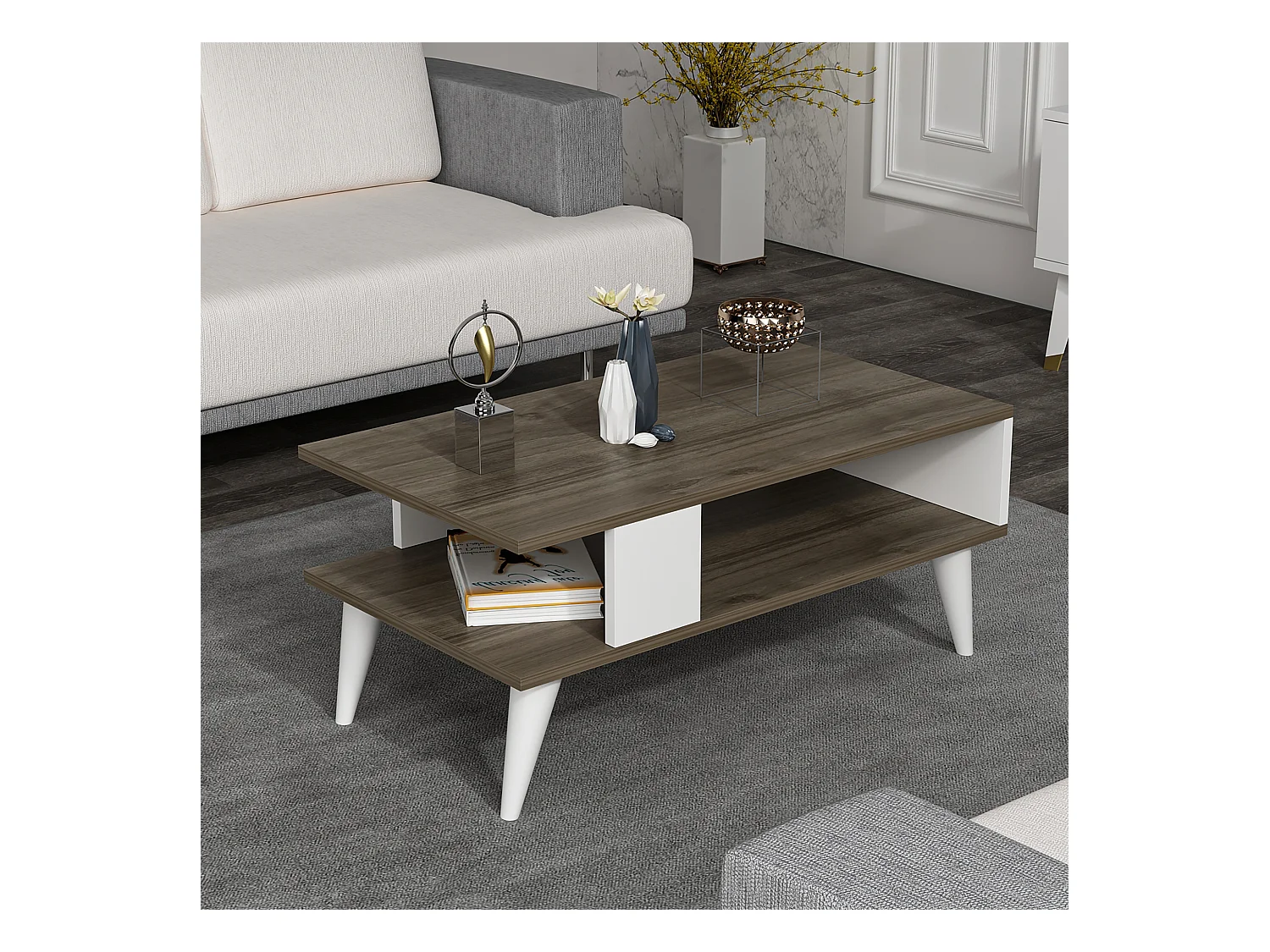 Table basse Lycksele avec espace de rangement 40 x 90 x 45 cm effet noyer/ blanc [en.casa]
