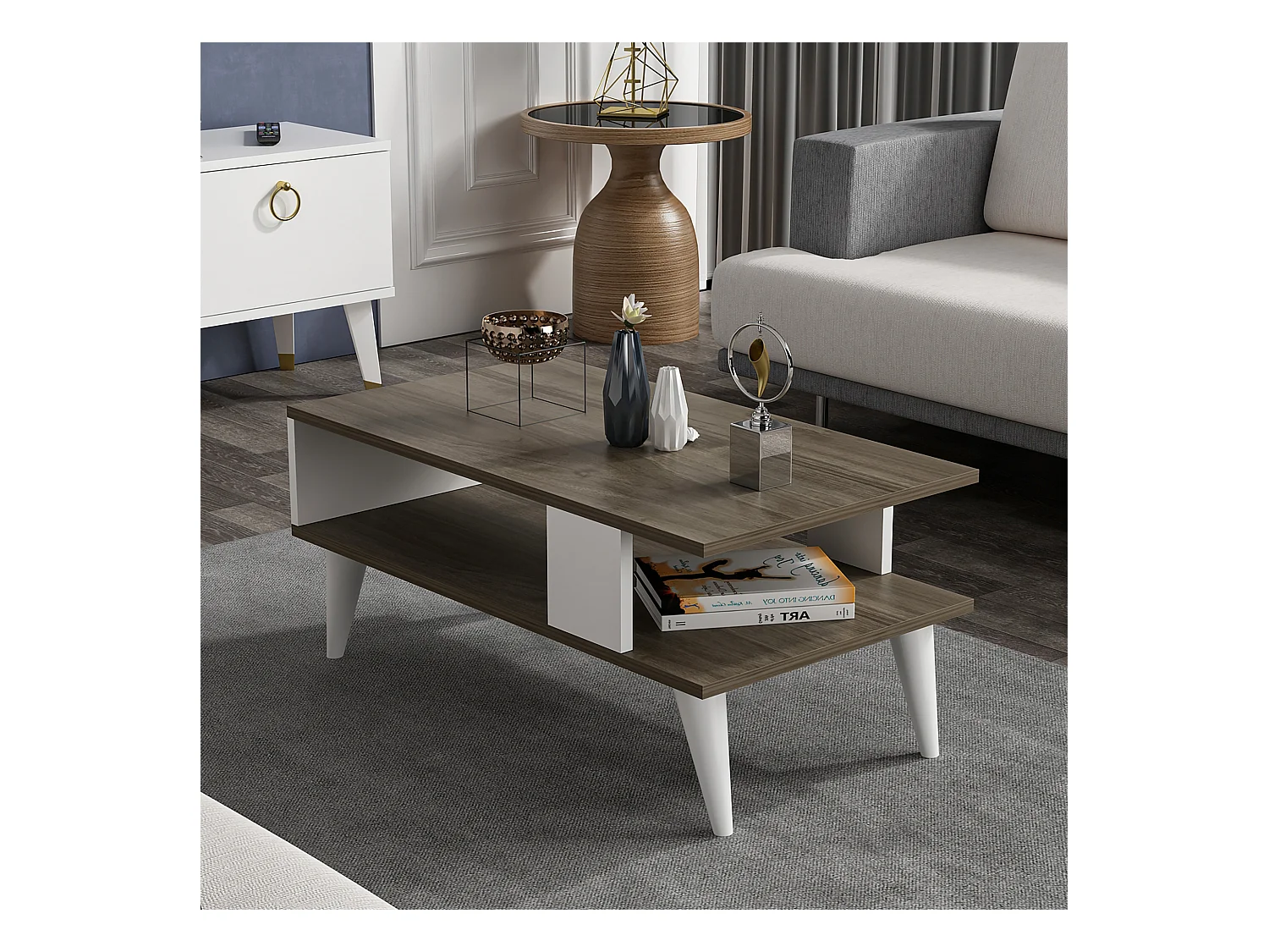 Table basse Lycksele avec espace de rangement 40 x 90 x 45 cm effet noyer/ blanc [en.casa]
