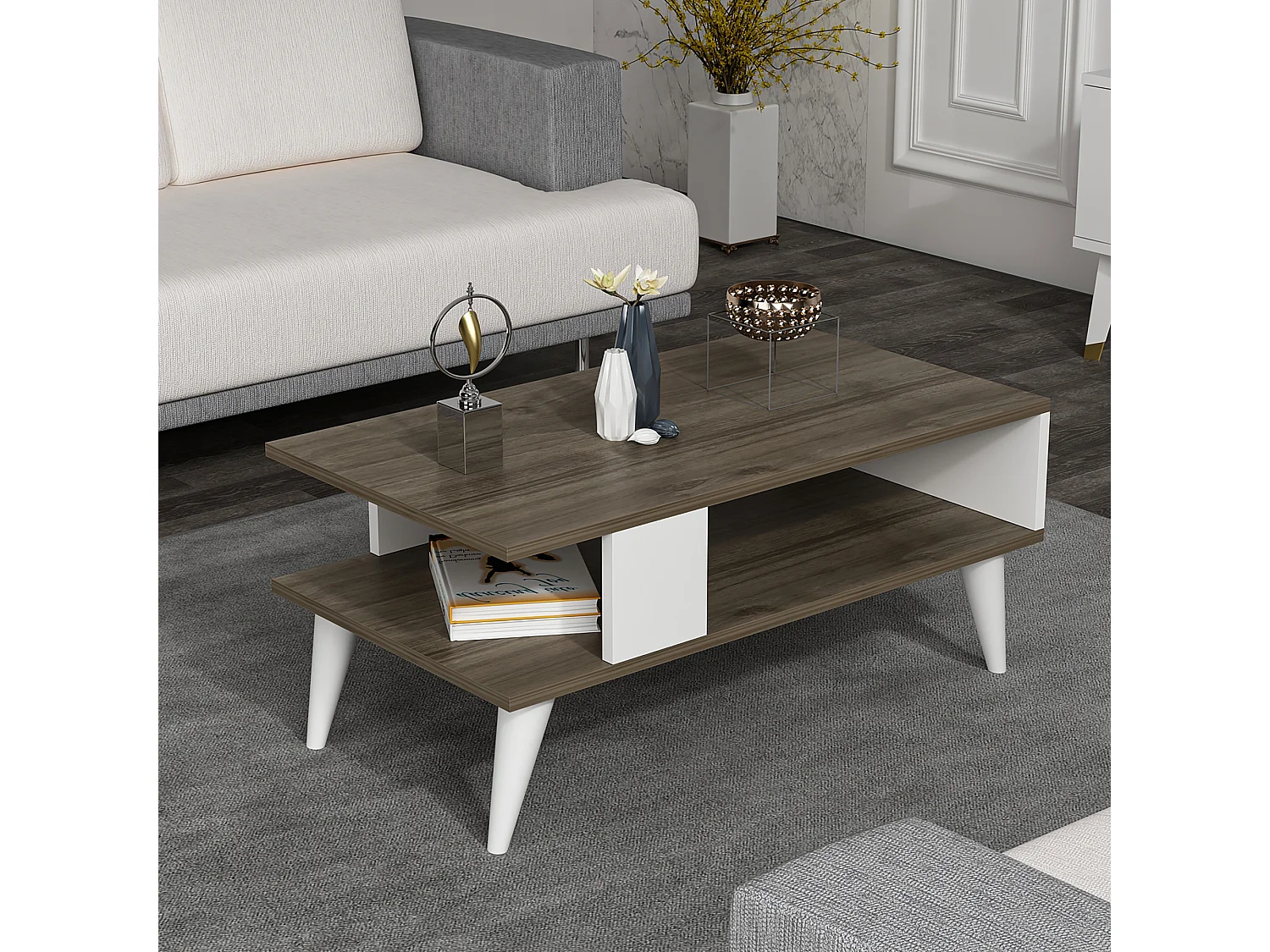 Table basse Lycksele avec espace de rangement 40 x 90 x 45 cm effet noyer/ blanc [en.casa]