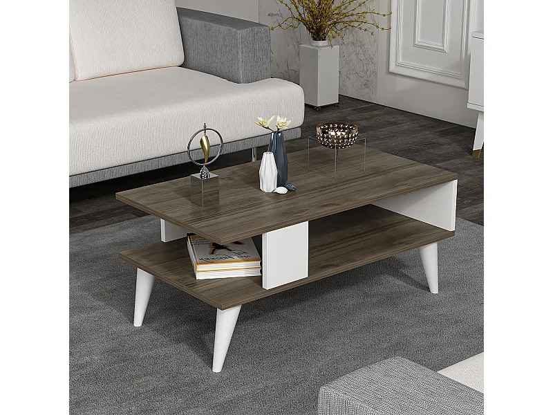 Table basse Lycksele avec espace de rangement 40 x 90 x 45 cm effet noyer/ blanc [en.casa]