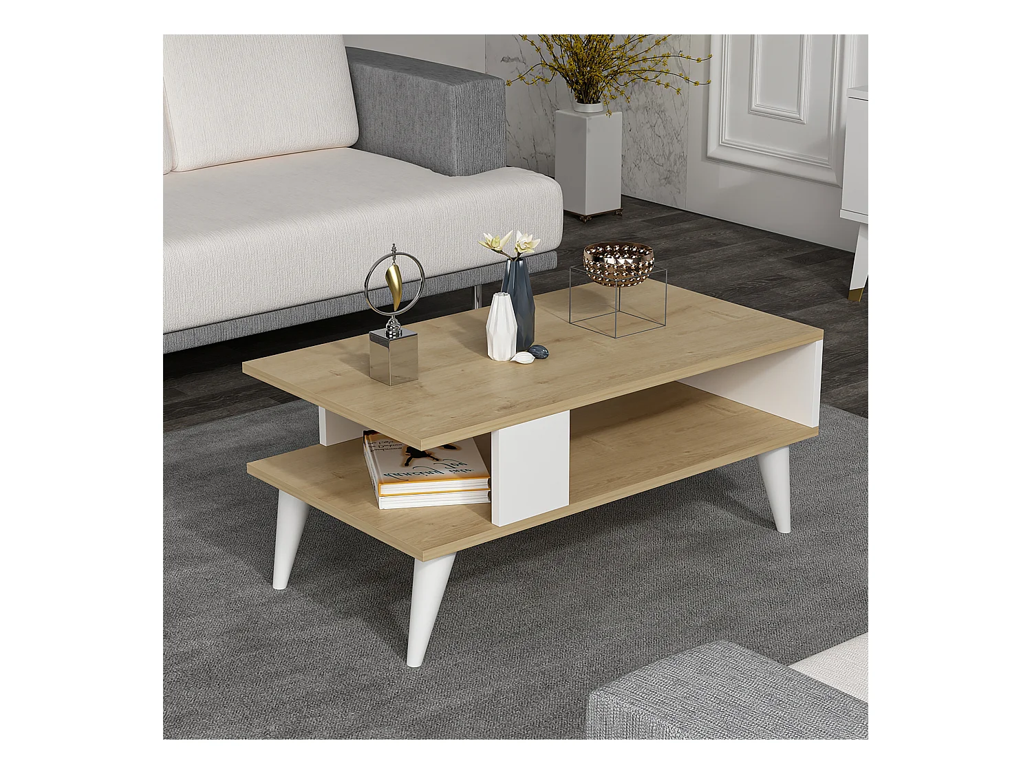 Table basse Lycksele avec espace de rangement 40 x 90 x 45 cm effet chêne / blanc [en.casa]