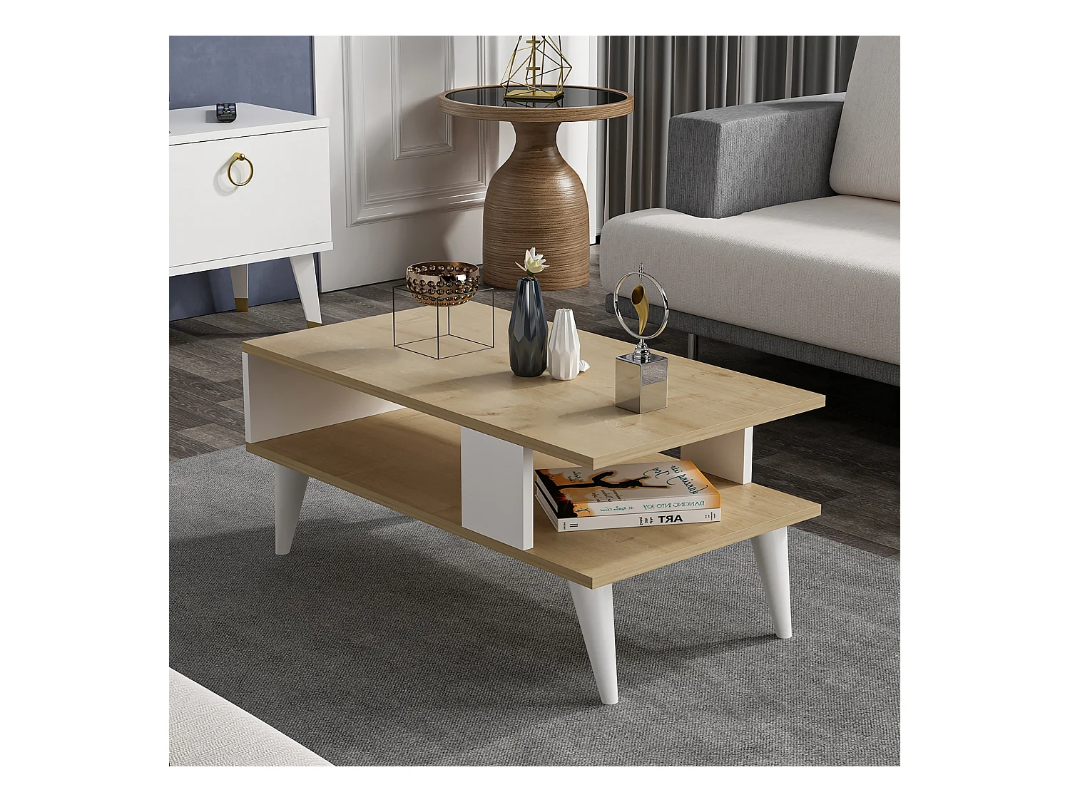 Table basse Lycksele avec espace de rangement 40 x 90 x 45 cm effet chêne / blanc [en.casa]