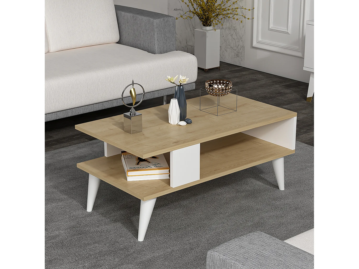 Table basse Lycksele avec espace de rangement 40 x 90 x 45 cm effet chêne / blanc [en.casa]