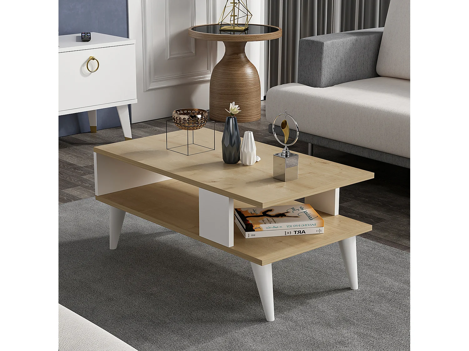 Table basse Lycksele avec espace de rangement 40 x 90 x 45 cm effet chêne / blanc [en.casa]