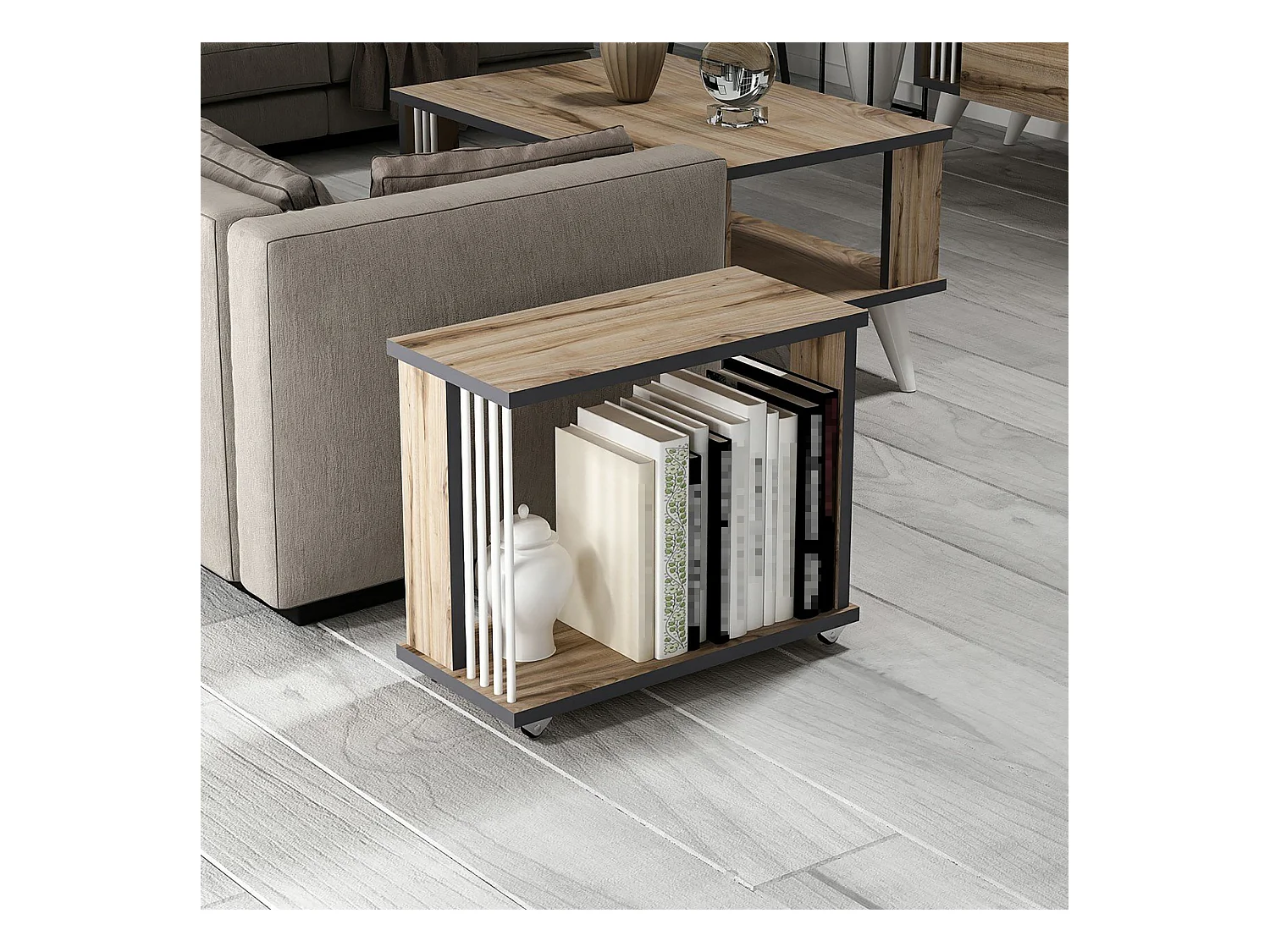 Table d'appoint rectangulaire Haarby à roulettes effet chêne / anthracite / blanc [en.casa]