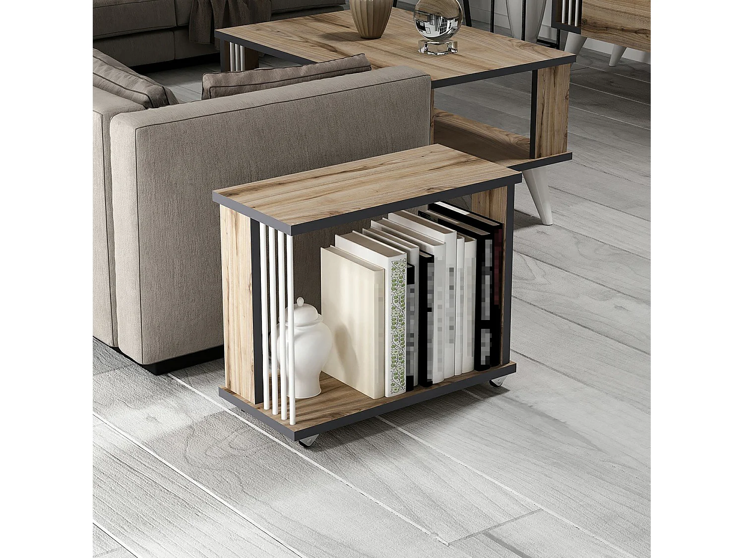 Table d'appoint rectangulaire Haarby à roulettes effet chêne / anthracite / blanc [en.casa]